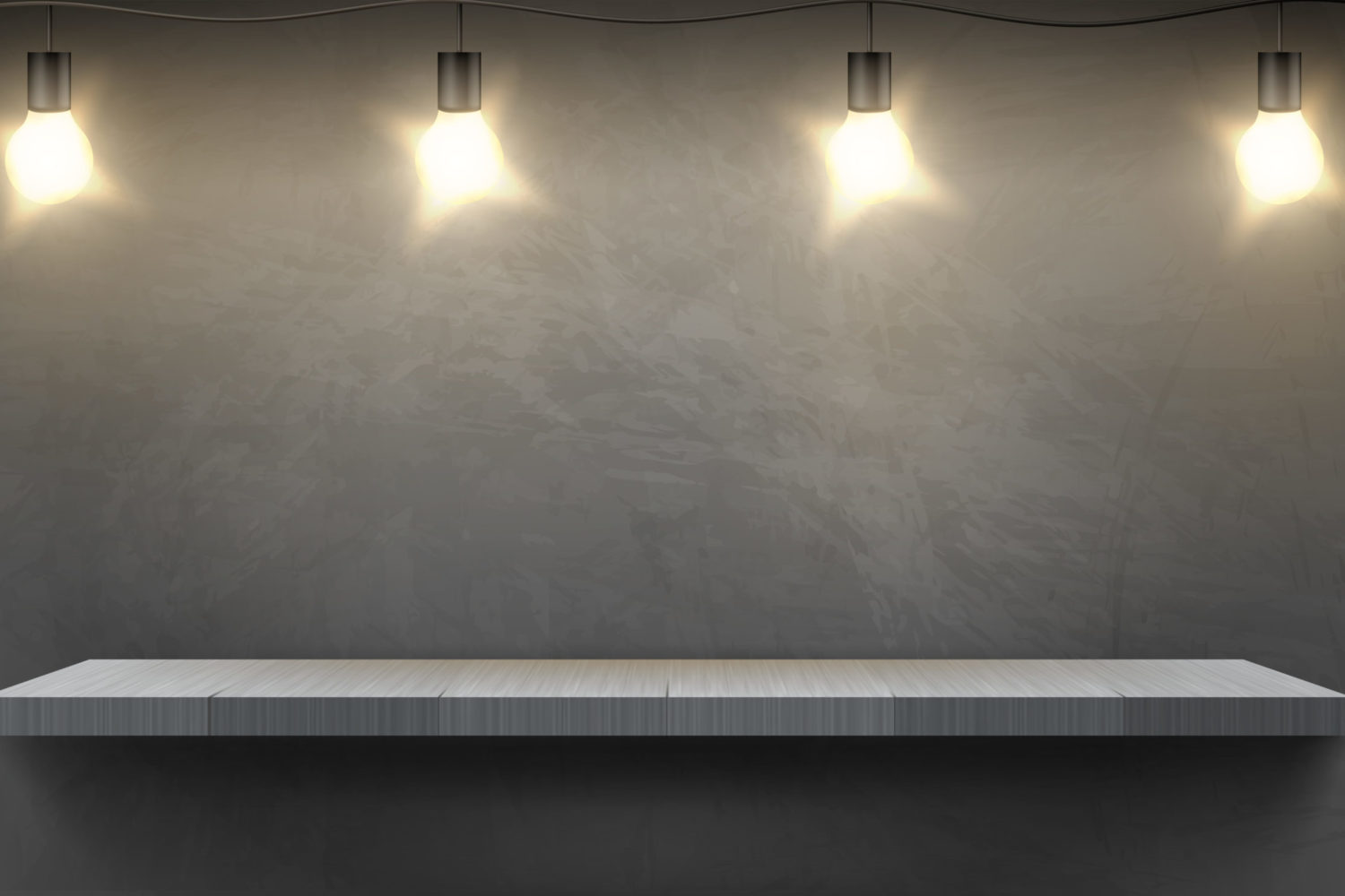 Vector mockup with empty shelf and electric bulbs Vector realistic background with empty wooden shelf illuminated by electric bulbs, hanging on textured wall. Showroom with platform for exhibits, mockup with bookshelf and lights